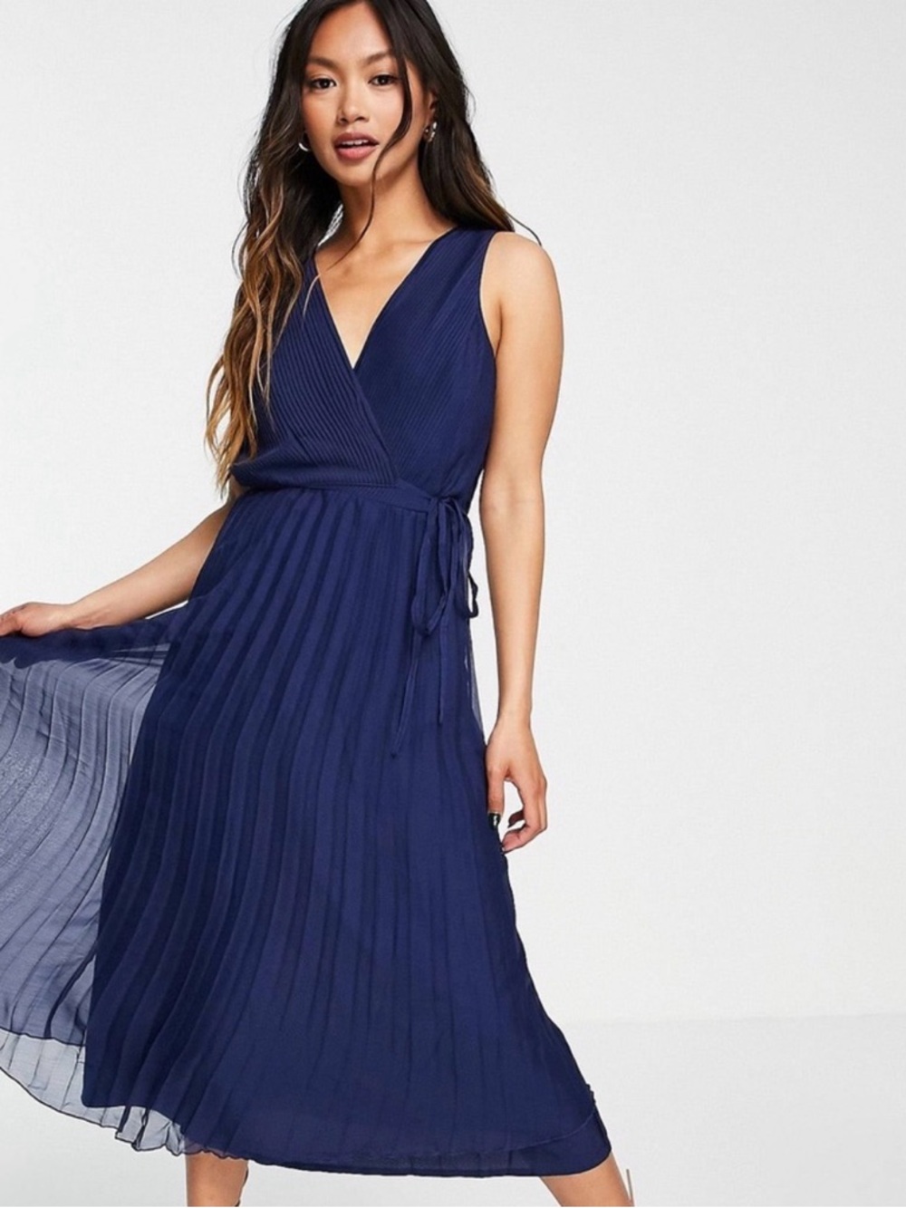 ASOS Navy Pleated Wrap Midi Dress Chiffon V Neck Tie Waist US 10